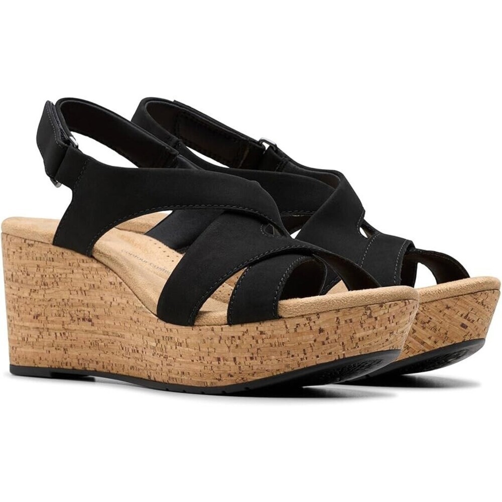 Clarks Rose Womens US 10 Black Leather Slingback Strap Wedge Sandals GAL293